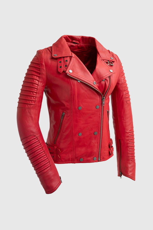 Queens Women's Fashion Leather Jacket Fire Red (POS) Women's Fashion Moto Leather Jacket Whet Blu NYC XS Fire Red 