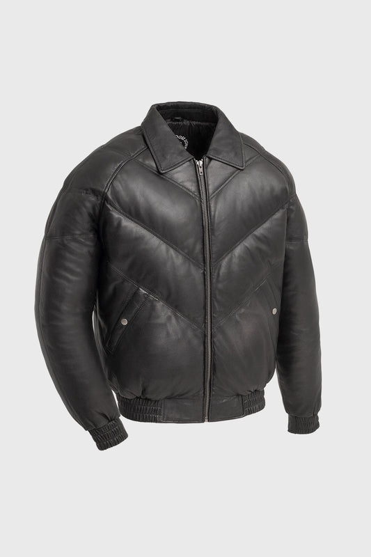 Ezra Men's Puffer Leather Jacket (POS) Men's Leather Puffer Jacket Whet Blu NYC XS Black 