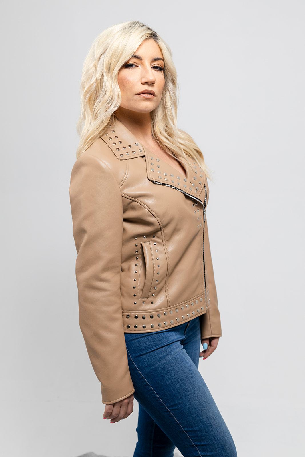 Sandy Women's Vegan Faux Leather Jacket Beige (POS) Women's Fashion Leather Jacket Whet Blu NYC   