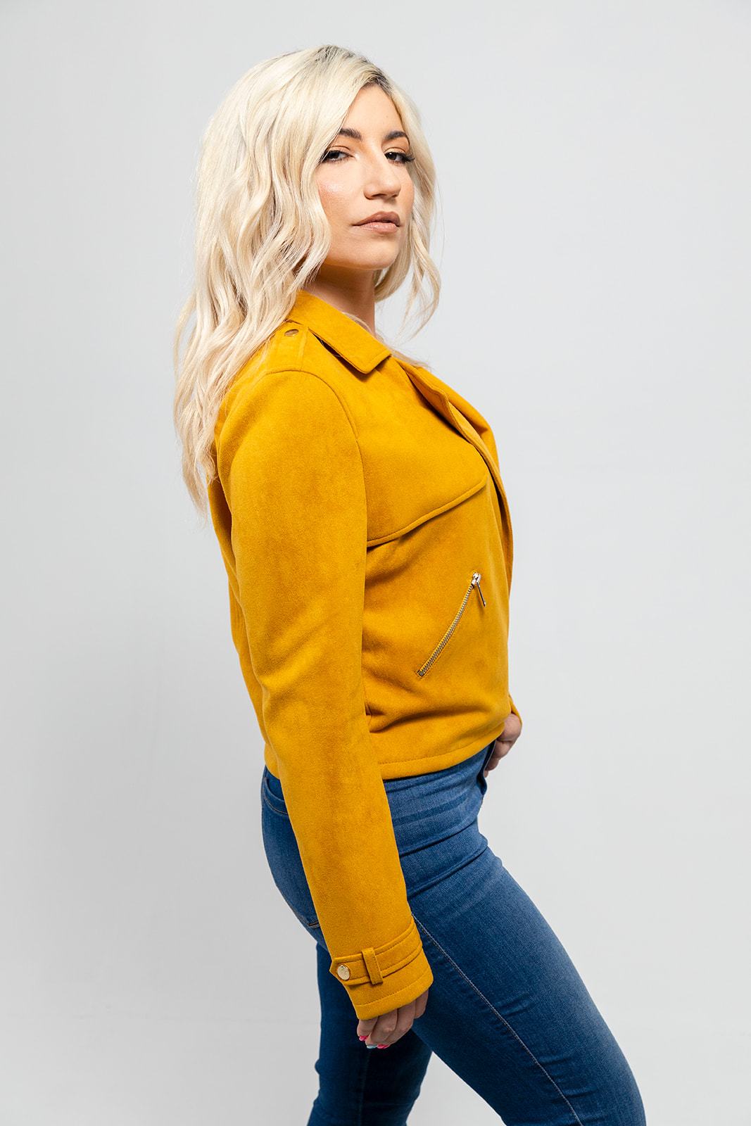 Megan Women's Vegan Faux Suede Jacket Mustard (POS) Women's Fashion Leather Jacket Whet Blu NYC   