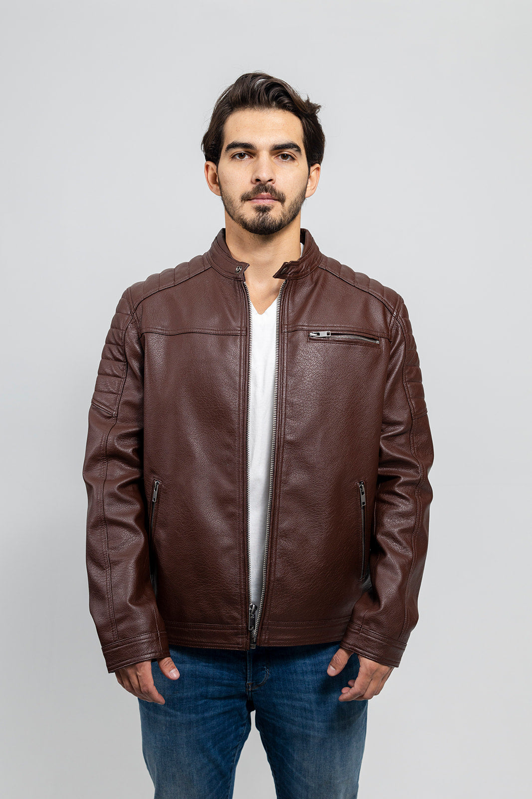 Logan Men's Vegan Faux Leather Jacket (POS) Men's Vegan Faux Leather jacket Whet Blu NYC S Redwood 