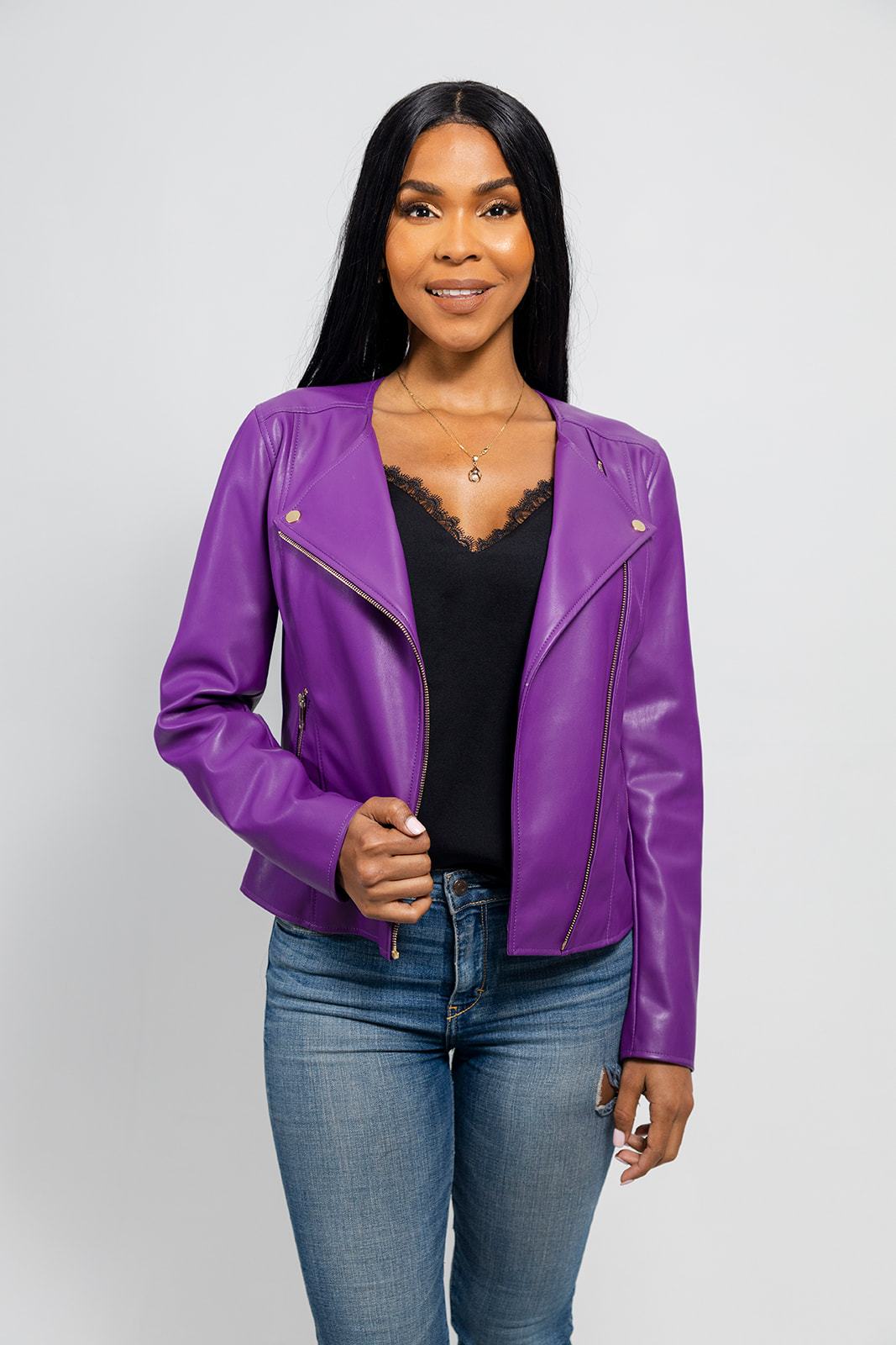 Violet Women's Vegan Faux Leather Jacket (POS) Women's Fashion Leather Jacket Whet Blu NYC XS Dark Purple 