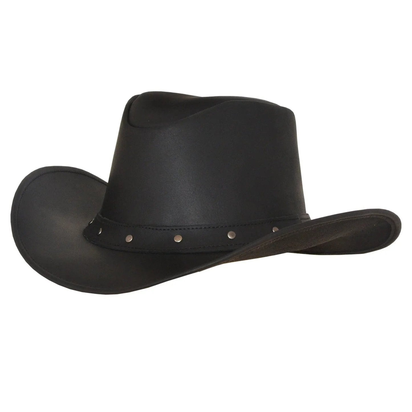 Black western cowboy hat with a band featuring small metal round studs on a white background