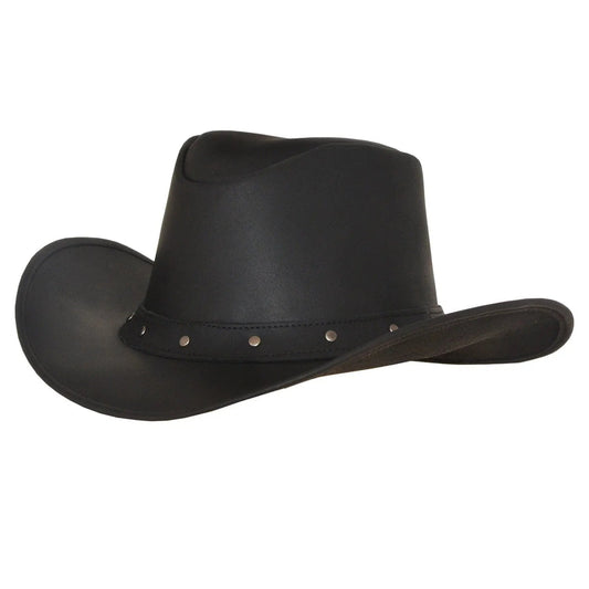 Black western cowboy hat with a band featuring small metal round studs on a white background