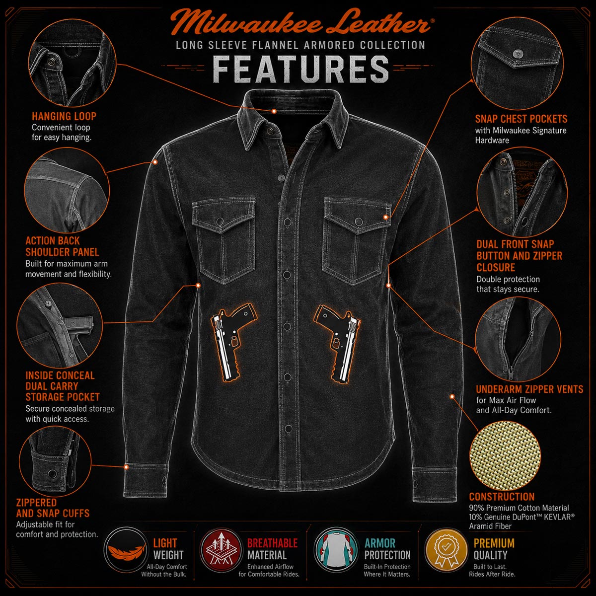 Milwaukee Leather MPM1622 Men's Black Armored Denim Long Sleeve Shirt Reinforced w/ Aramid Fibers