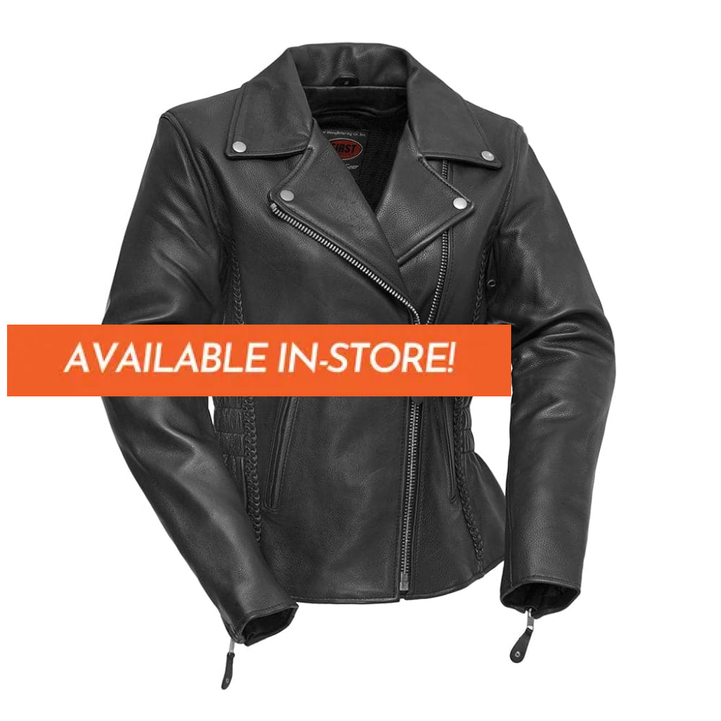 Allure Women's Motorcycle Leather Jacket Garage Sale First Manufacturing Company XS Black 