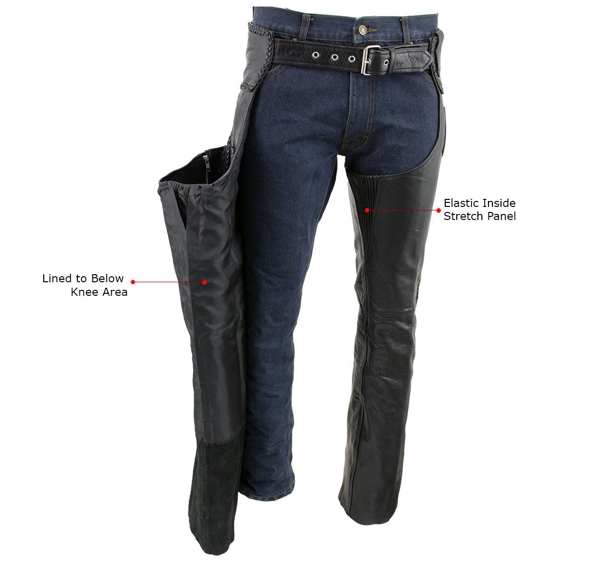 Milwaukee Leather Men's Braidline Black Buffalo Leather Motorcycle Chaps w/ Elastic Thigh Panels - LKM5724