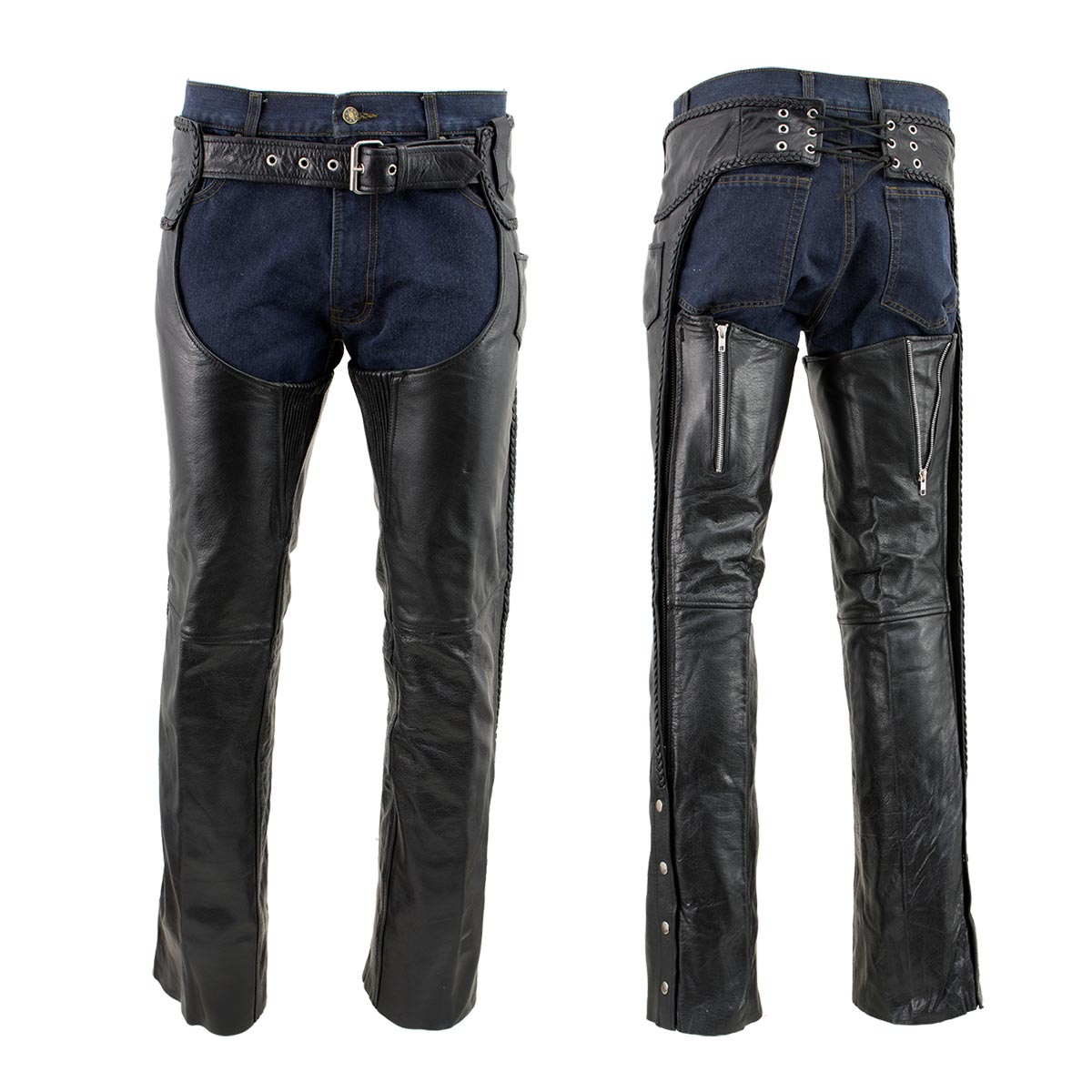 Milwaukee Leather Men's Braidline Black Buffalo Leather Motorcycle Chaps w/ Elastic Thigh Panels - LKM5724