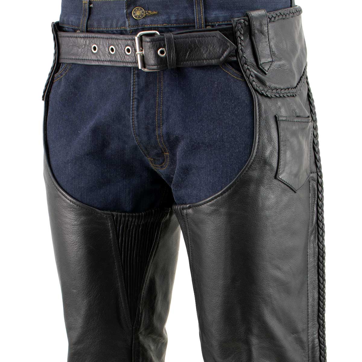 Milwaukee Leather Men's Braidline Black Buffalo Leather Motorcycle Chaps w/ Elastic Thigh Panels - LKM5724