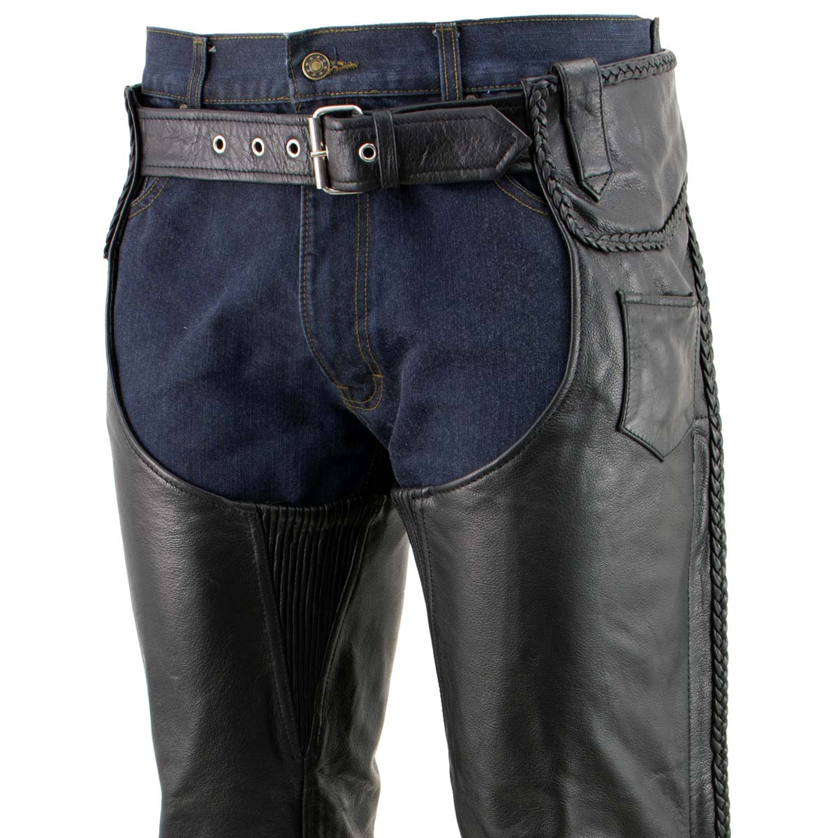 Milwaukee Leather Men's Braidline Black Buffalo Leather Motorcycle Chaps w/ Elastic Thigh Panels - LKM5724