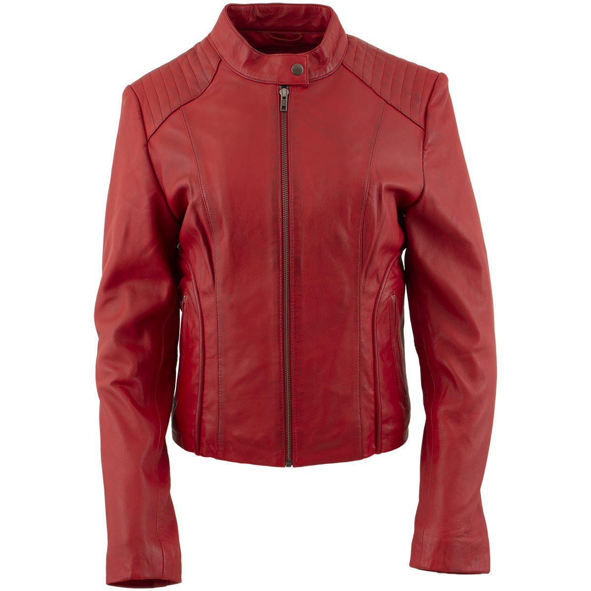 Milwaukee Leather LKL2738 Women's Red Premium Leather Scuba Style Biker Jacket w/ Mandarin Collar