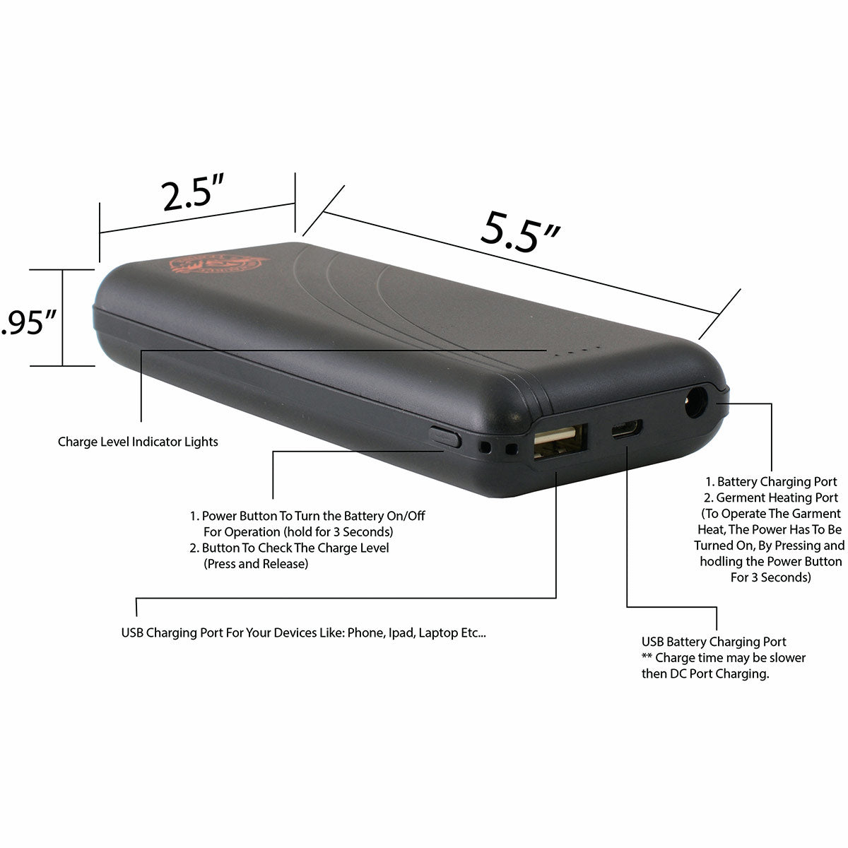Milwaukee Leather - Nexgen Heat Heated Gear 7.4V 10000mAh Rechargeable Battery Pack w/ Wall Charger-BAS-7410000H