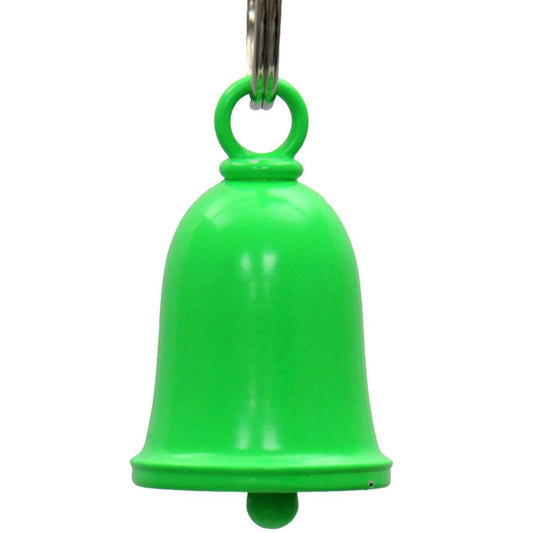 A neon green motorcycle good luck bell with a key ring.
