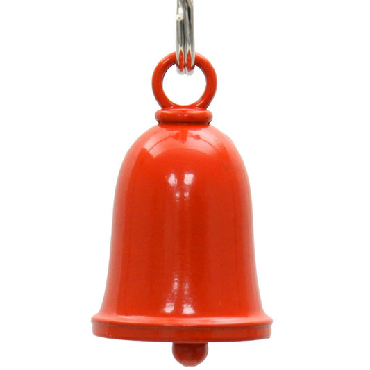 A red motorcycle good luck bell with a key ring attached, designed to be hung on a motorcycle.