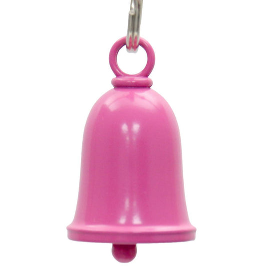 A pink metal motorcycle good luck bell with a key ring attached, designed to be hung on a motorcycle.