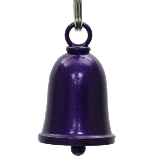 A purple motorcycle good luck bell with a key ring attached, designed to be hung on a motorcycle.