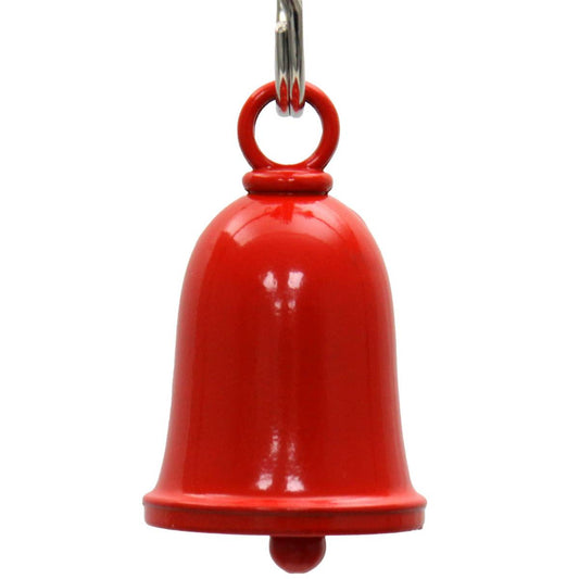 A red motorcycle good luck bell with a key ring attached, designed to be hung on a motorcycle.