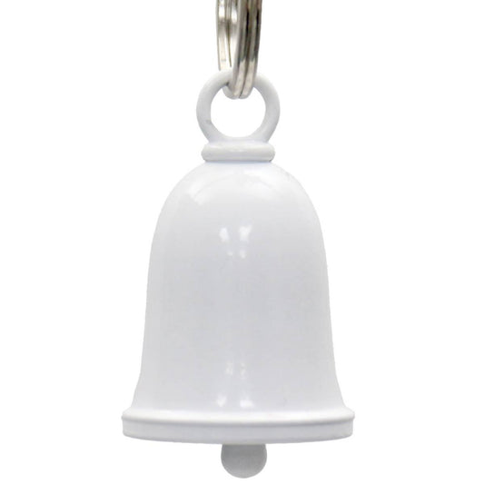 A white metal motorcycle good luck bell with a key ring attached.