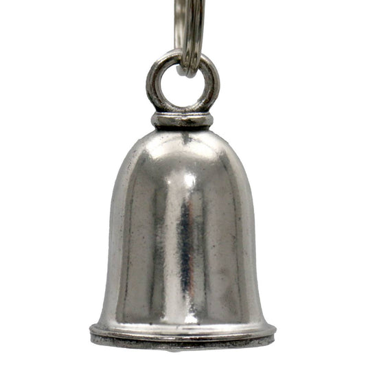 A silver-colored metal motorcycle good luck bell with a key ring attached at the top.