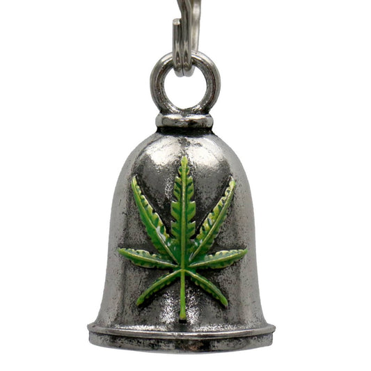 A silver-colored motorcycle good luck bell with a green pot leaf design, complete with a key ring.