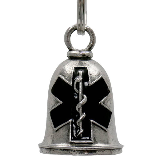 A silver motorcycle good luck bell with a black and red EMT nurse symbol, attached to a key ring.