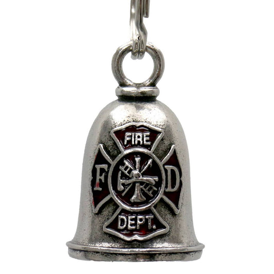 A silver-colored metal bell with a fire department emblem, attached to a key ring.
