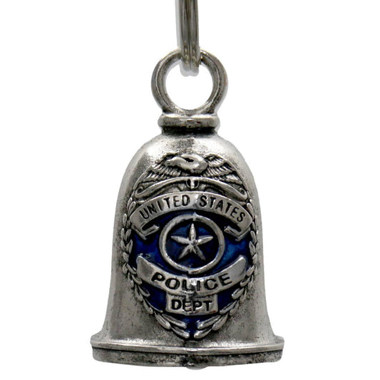 A silver-colored metal bell with a United States Police Department badge design, including a key ring.