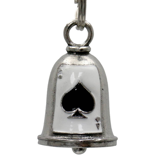 A silver motorcycle good luck bell with a black spade symbol on it, attached to a key ring.
