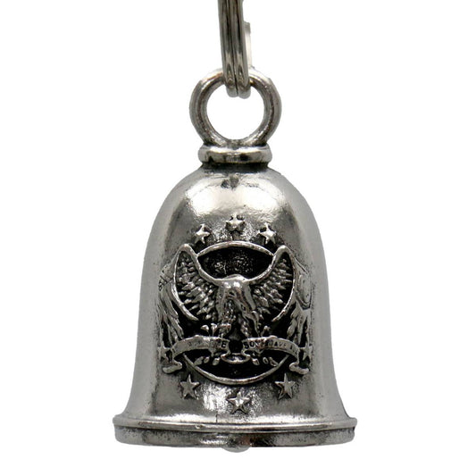 A silver-colored metal motorcycle good luck bell with an embossed design, including an eagle and stars, attached to a key ring.