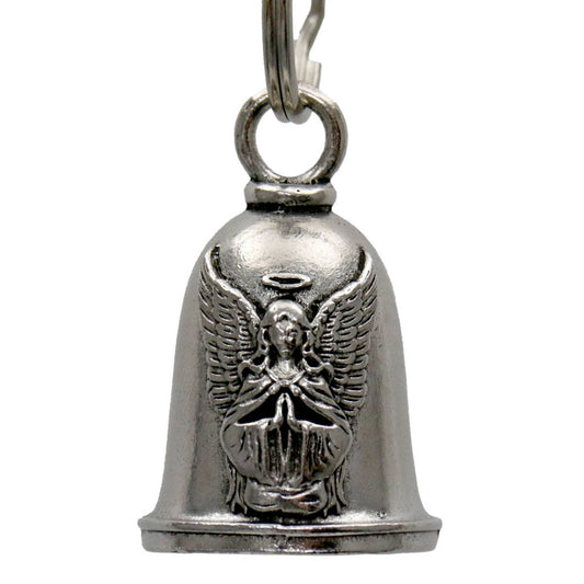 A silver-colored metal bell with an angel figure attached to a key ring.