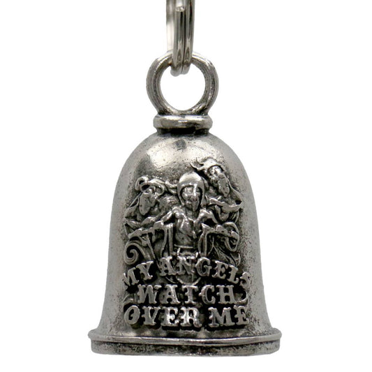A silver-colored metal motorcycle good luck bell with an embossed angel design and the phrase 'ANGEL WATCH OVER ME' along with a key ring.