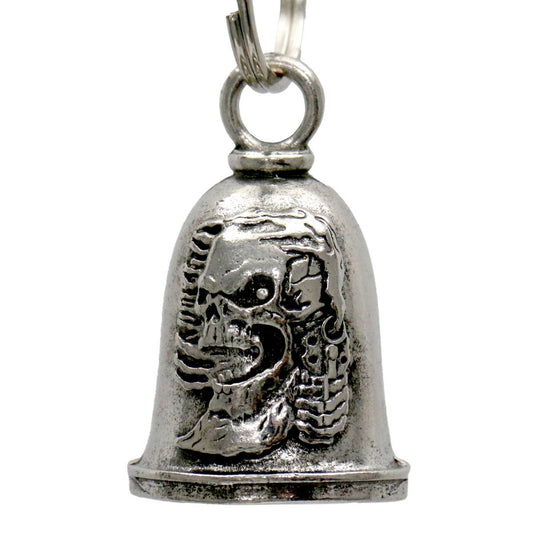 A silver-colored metal motorcycle good luck bell with a key ring, featuring a skull design.