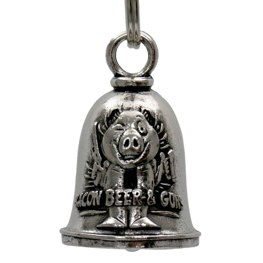 A silver motorcycle good luck bell with a key ring, featuring a pig design, attached to a split ring.