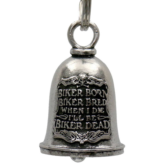 A silver-colored metal bell with a key ring, featuring text 'BIKER BORN BIKER BRED WHEN I DIE I'LL BE BIKER DEAD' on the front.