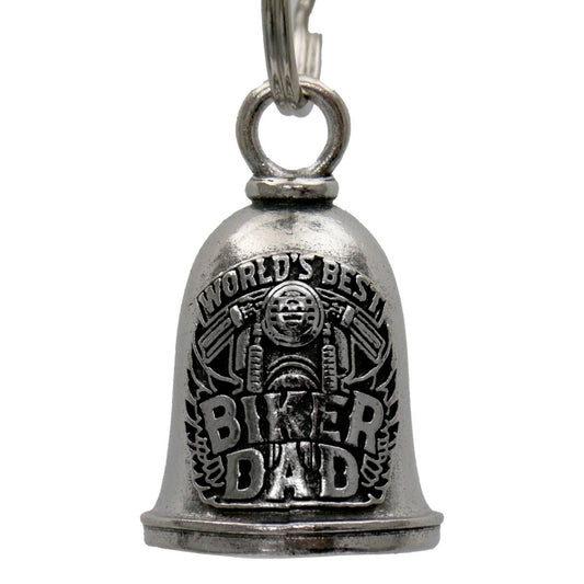 A silver-colored metal bell with the inscription 'BIKER DAD' and a motorcycle motif, designed to be hung on a motorcycle as an accessory.