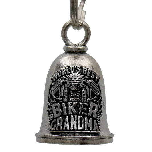 A silver-colored metal bell with the inscription 'WORLD'S BEST BIKER GRANDMA' and a key ring attached.