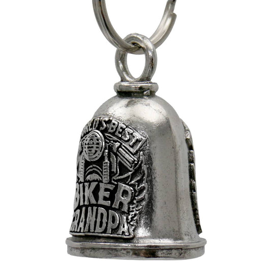 A silver-colored metal bell with a key ring, featuring text and motorcycle graphics, designed to be hung on a motorcycle or used as a keychain.