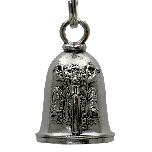 A silver motorcycle good luck bell with a key ring, featuring an embossed design.