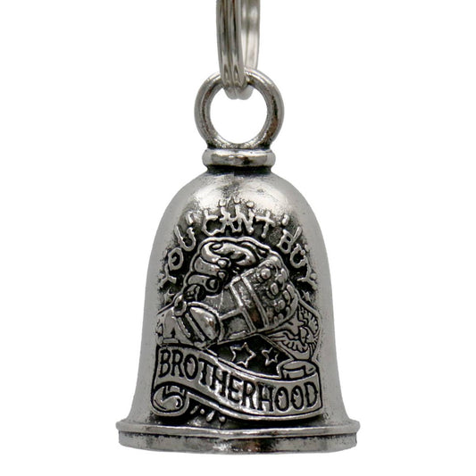 A silver motorcycle good luck bell with an embossed design and the text 'BROTHERHOOD'. It has a key ring attached at the top.