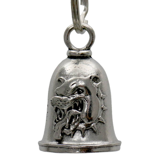 A silver-colored metal bell with a decorative design featuring what appears to be a stylized bulldog face, intended as a motorcycle accessory.