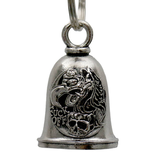 A silver-colored metal motorcycle good luck bell with a key ring, featuring an embossed design of a dragon.