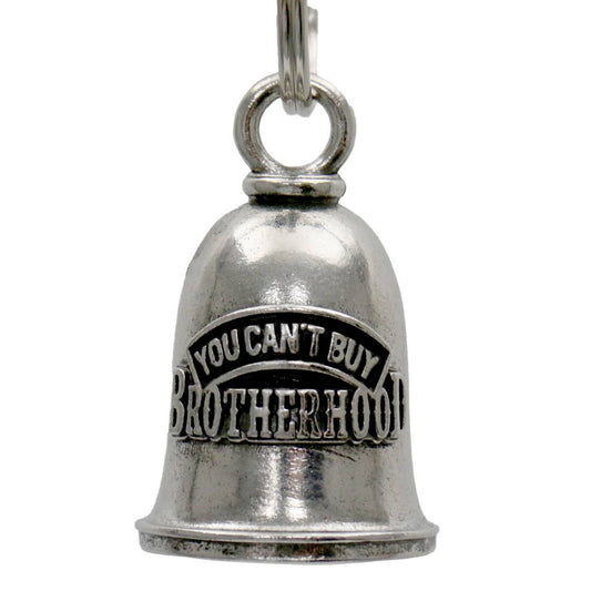 A silver motorcycle good luck bell with the inscription 'You Can't Buy Brotherhood' and a key ring attached.