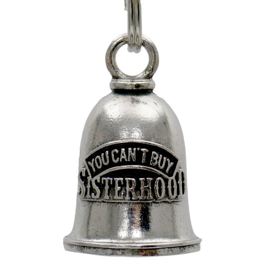 A silver motorcycle good luck bell with the inscription 'YOU CAN'T BUY SISTERHOOD' attached to a key ring, against a white background.