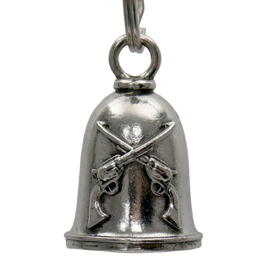 A silver motorcycle good luck bell with a key ring, featuring crossed pistols on the front.