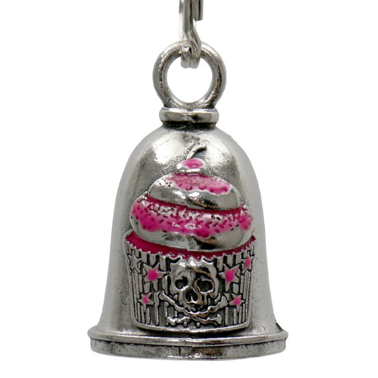 A silver motorcycle good luck bell with a pink decorative design, including a skull motif, attached to a key ring.