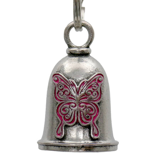 A silver-colored motorcycle good luck bell with a pink butterfly pattern, complete with a key ring.