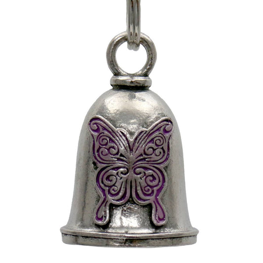 A silver-colored motorcycle good luck bell with a purple butterfly design, complete with a key ring.
