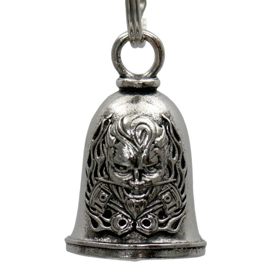 A silver motorcycle good luck bell with a key ring, featuring an embossed design.
