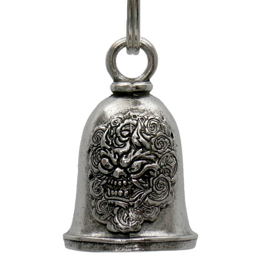 A silver-colored metal bell with an embossed dragon design, intended as a motorcycle accessory to bring good luck and ward off evil spirits.