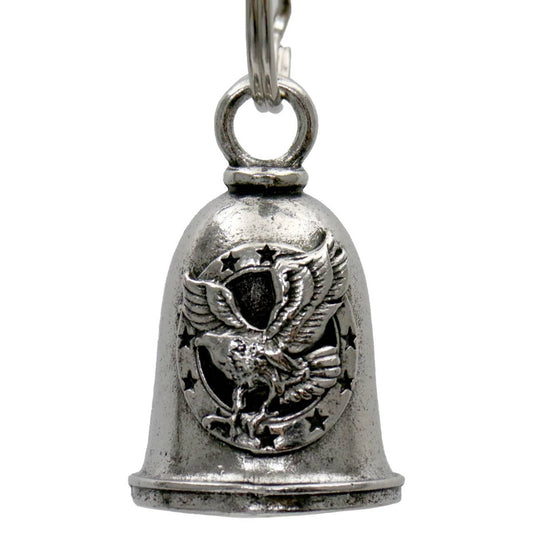 A silver-colored metal bell with an embossed eagle design, attached to a key ring.